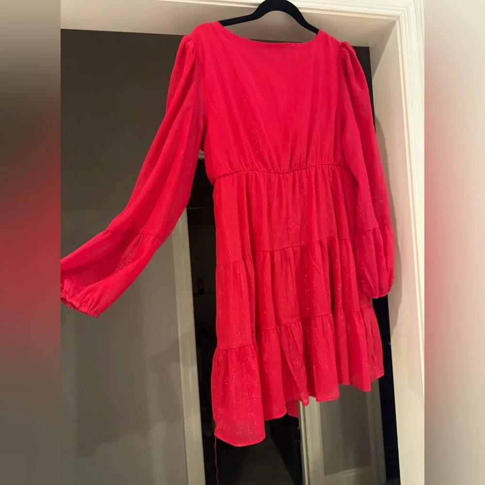 Crystal Doll Red Shimmer Ruffled tiered Women's Dress Size L - Picture 2 of 8
